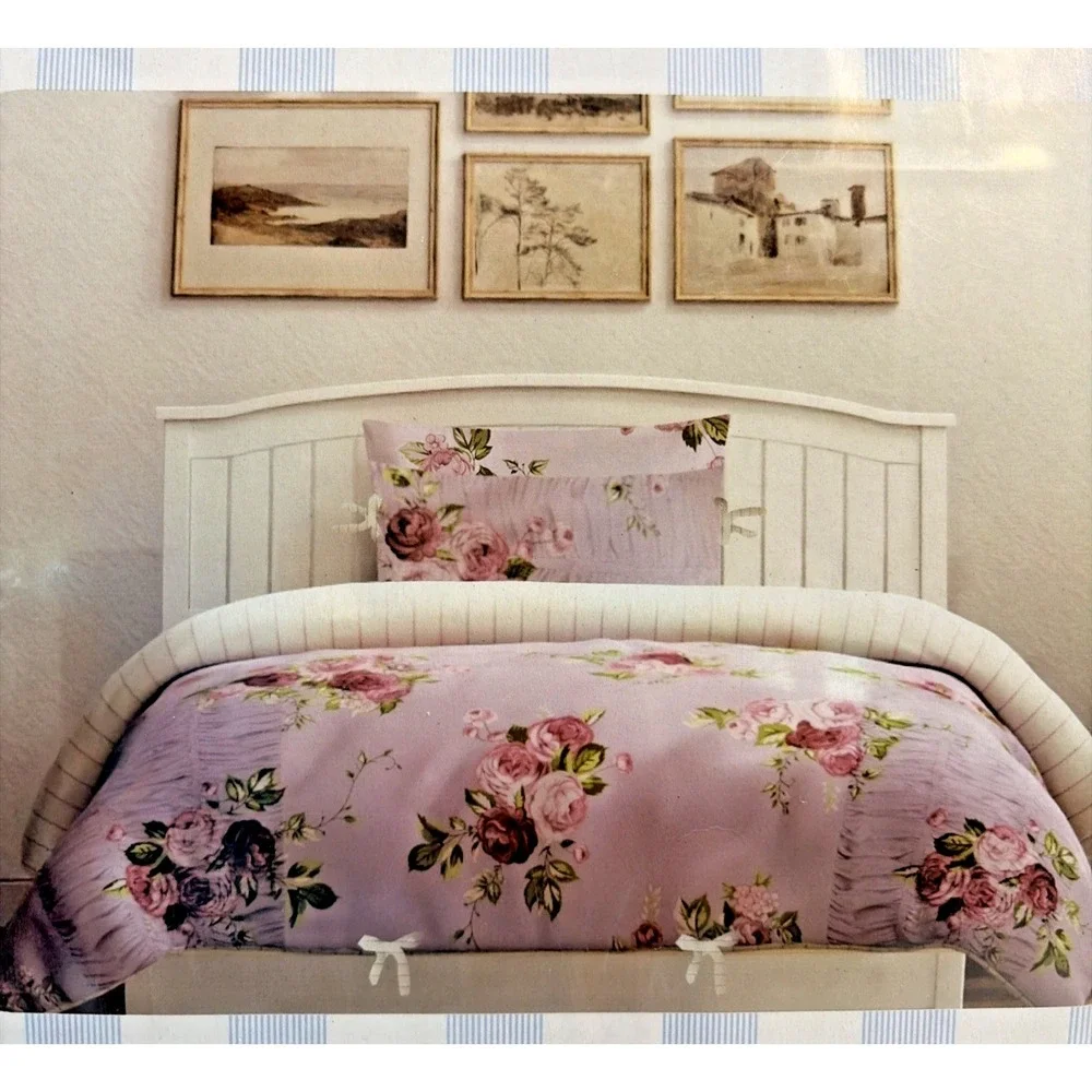 Harlow & Wren Comforter Set Pink Floral w/ Rouching - Twin XL